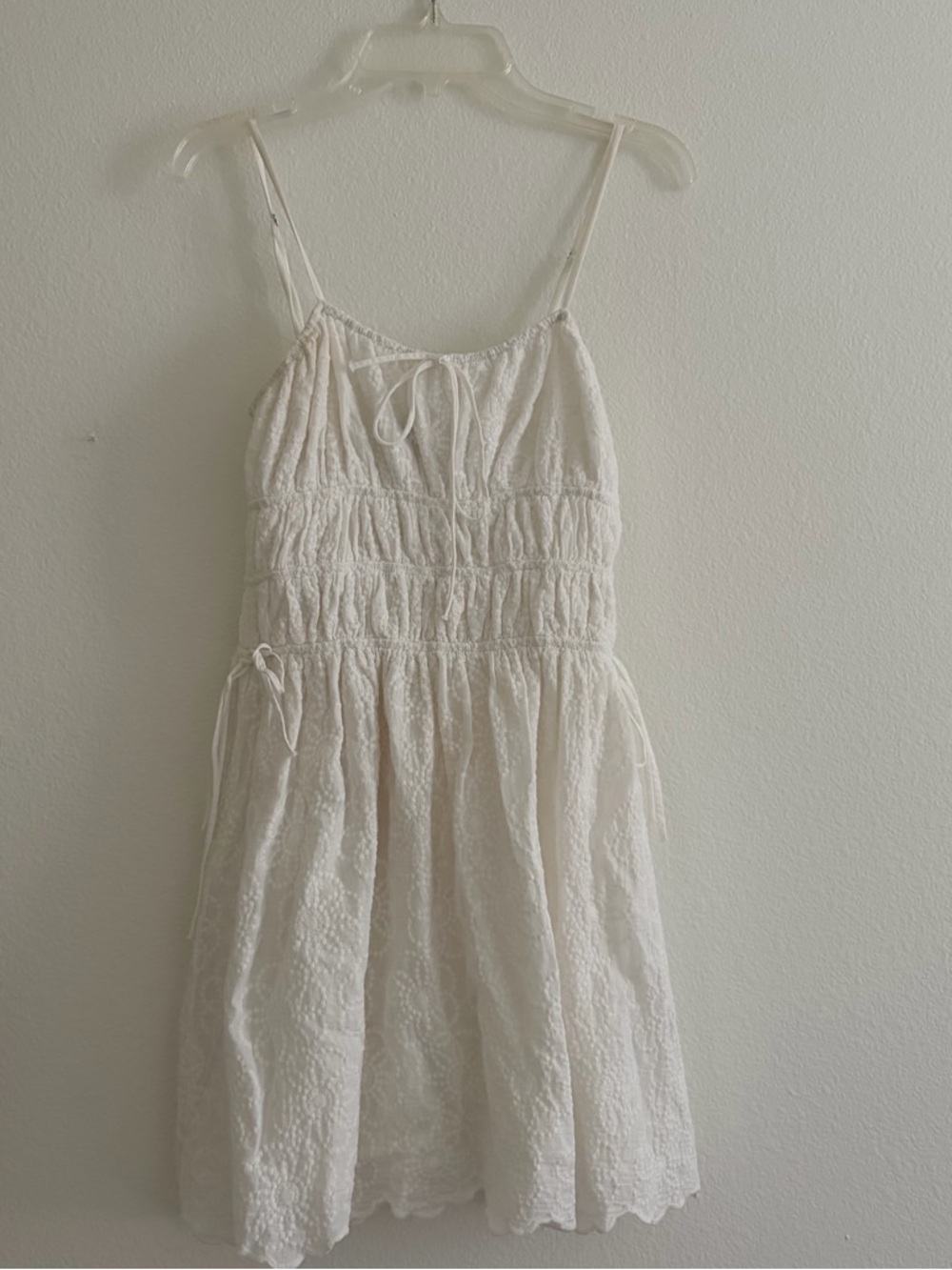White Mini Dress with Lace Floral Pattern